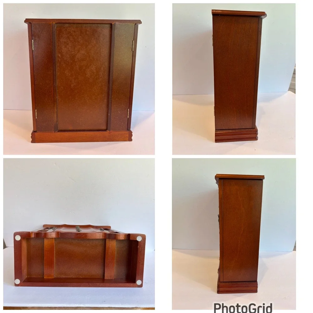 Vintage Wooden Jewelry Box Armoire Storage Chest Organizer Etched Glass Tall